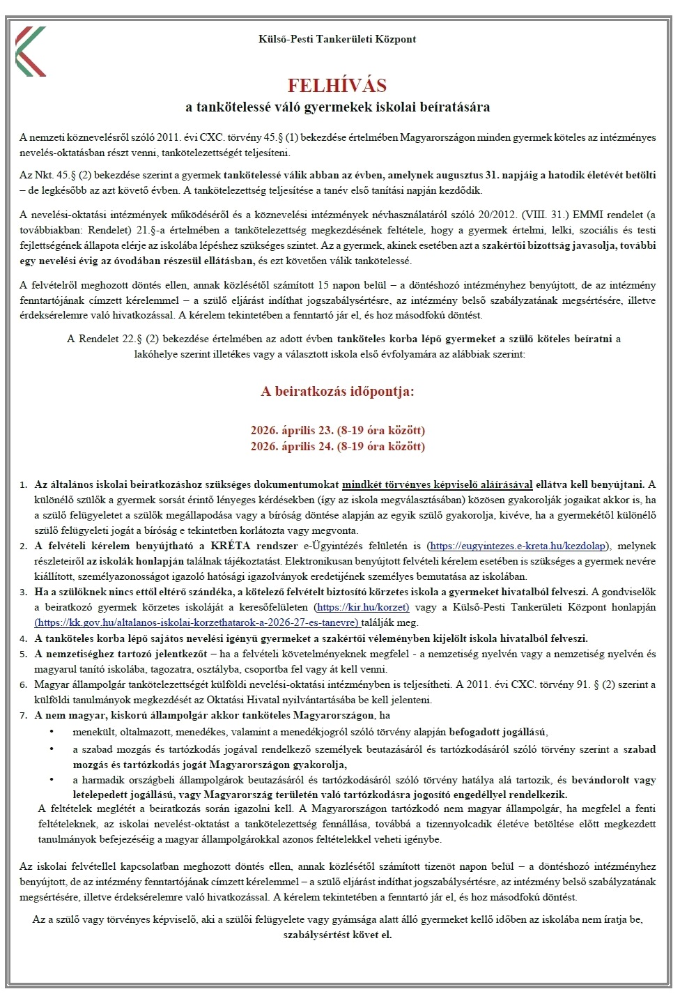 Beiratkozás 2026/2027